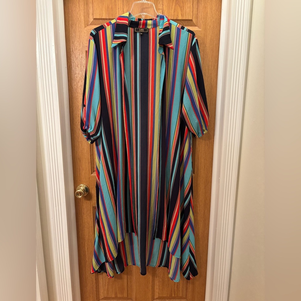 L&B Multicolor Striped Long Button-Front Top - Navy, Red, Yellow, Teal, Purple